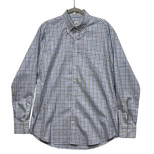 Peter Millar Mens Large Nano Luxe Easy Care Plaid Button Down Shirt Blue Tan